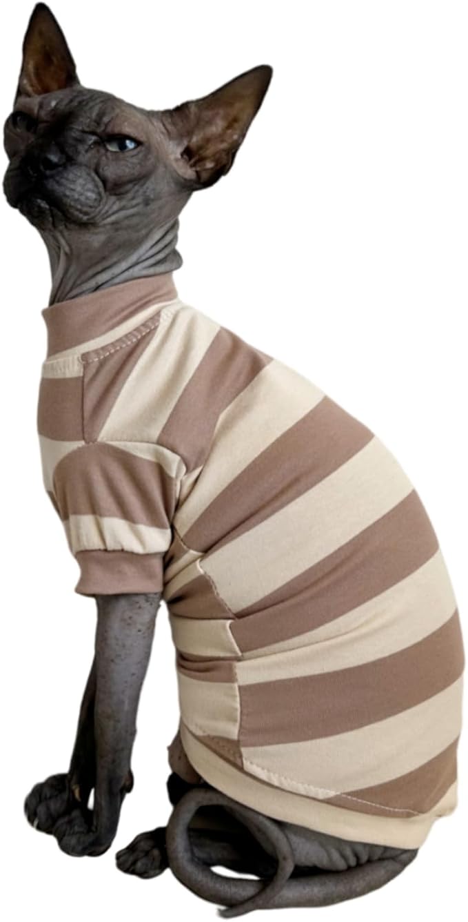 Sphynx Cat Clothes Shirts for Hairless Cat, Wide Stripe Cats Apparel, Kitten Summer Cotton T-Shirts with Sleeves for Cornish Rex, Devon Rex, Peterbald (Coffee, Large)