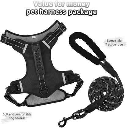 Dog Harness No Pull Adjustable Reflective,for Medium and Large Small Dog with Leash 59.06in (Black, L)
