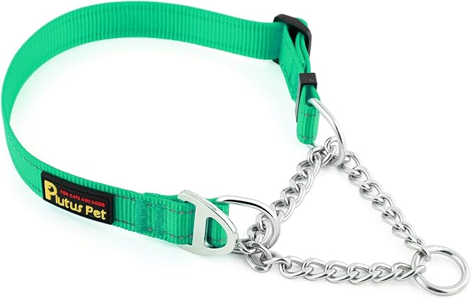 Plutus Pet Martingale Dog Collar with Stainless Steel Chain and Reflective Nylon, Adjustable No Pull Training Collar, for Small Medium, and Large Dogs, Green, L