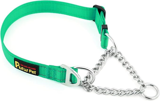 Plutus Pet Martingale Dog Collar with Stainless Steel Chain and Reflective Nylon, Adjustable No Pull Training Collar, for Small Medium, and Large Dogs, Green, L