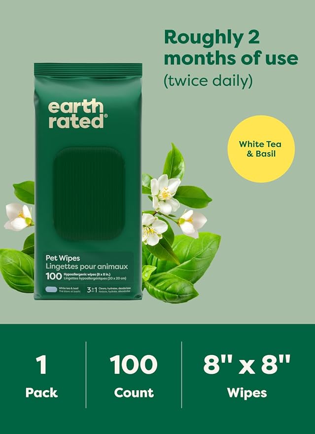 Earth Rated Pet Wipes for Dogs and Cats, Hypoallergenic, 3-in-1 Cleaning, Deodorizing and Hydrating, for Grooming Paws, Body and Butt, New White Tea and Basil Scent, 100 Count