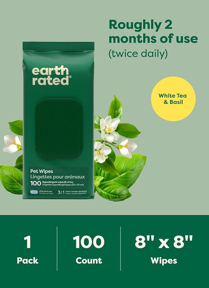 Earth Rated Pet Wipes for Dogs and Cats, Hypoallergenic, 3-in-1 Cleaning, Deodorizing and Hydrating, for Grooming Paws, Body and Butt, New White Tea and Basil Scent, 100 Count