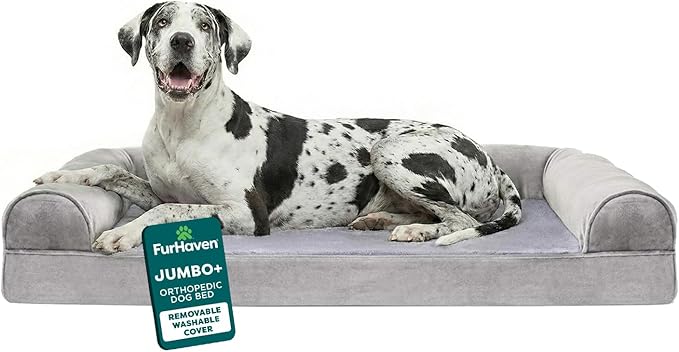 Furhaven Orthopedic Dog Bed for Large Dogs w/ Removable Bolsters & Washable Cover, For Dogs Up to 125 lbs - Faux Fur & Velvet Sofa - Smoke Gray, Jumbo Plus/XXL