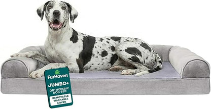 Furhaven Orthopedic Dog Bed for Large Dogs w/ Removable Bolsters & Washable Cover, For Dogs Up to 125 lbs - Faux Fur & Velvet Sofa - Smoke Gray, Jumbo Plus/XXL