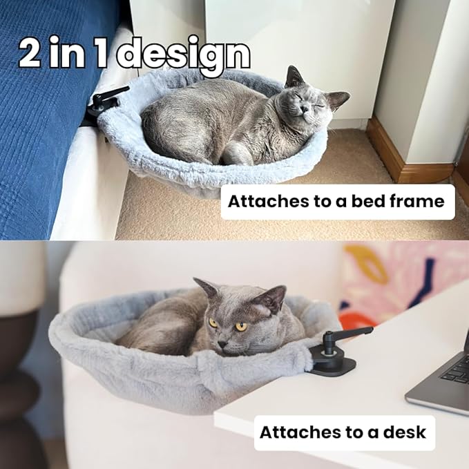 Cat Desk Bed - Stable and Sturdy, Bedside and Desk Perch, Rotating Cat Hammock with 2 Washable Covers, Non-Slip Clamp - Safe, Space-Saving Cat's Furniture for Remote Workers, Gamers, Holds Up to 40lbs