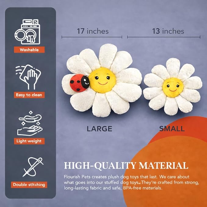 Flourish Pets 3 in 1 Multi-Layer Chew Toy for Active Dogs | Non-Toxic BPA Free Double Stitched Soft Fabric Exterior Dog Toys | Long-Lasting Dog Plush Toys - Large White Daisy 17"