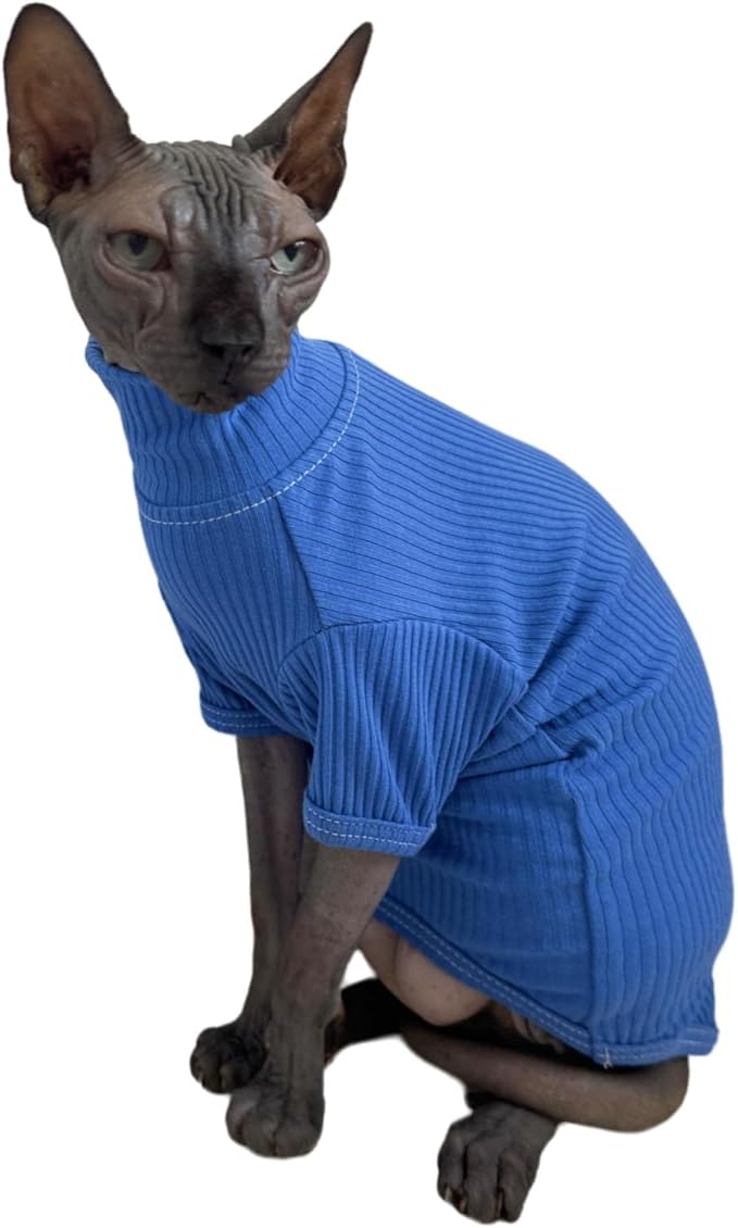Sphynx Cats Shirt Cat Turtleneck Cotton Sweater Pullover Kitten T-Shirts with Sleeves Cat Pajamas Jumpsuit for Sphynx Cornish Rex, Devon Rex, Peterbald (X-Large (Pack of 1), Deep Blue)
