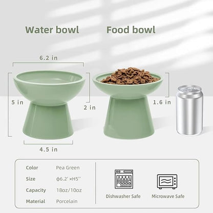 CEEFU 2 Elevated Ceramic Cat Bowls Extra Wide for Food & Water – Whisker Fatigue Shallow Food Dish, Lead & Cadmium-Free, Raised Height for Cats, Sage Green