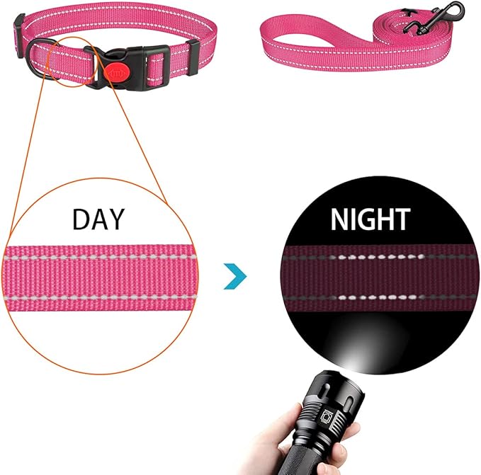 Reflective Dog Collar and Leash Set with Safety Locking Buckle Nylon Pet Collars Adjustable for Small Medium Large Dogs 3 Sizes(Hotpink&L)