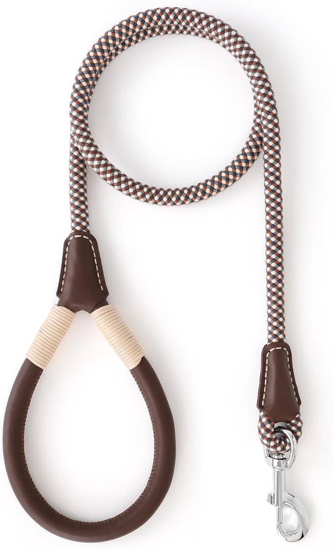 Mile High Life Genuine Leather Wrapped Handle Dog Leash, w Heavy Duty Clasp Rope Leash for Small Medium Large Dogs (Brown, 4FT)