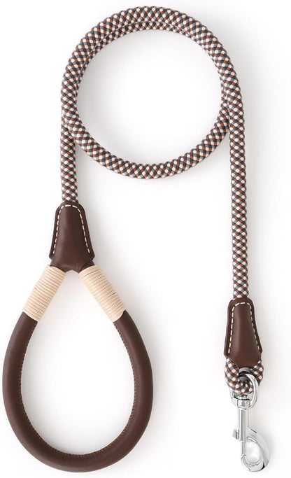 Mile High Life Genuine Leather Wrapped Handle Dog Leash, w Heavy Duty Clasp Rope Leash for Small Medium Large Dogs (Brown, 4FT)