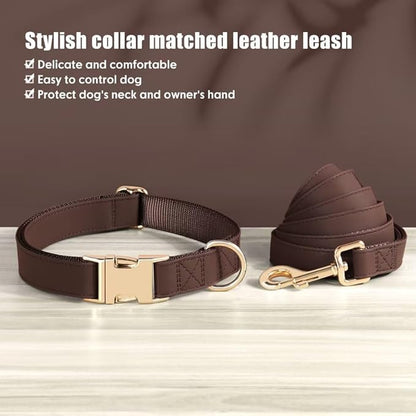 PET ARTIST Soft PU Leather Dog Collar and Leash Set, Bright & Stylish 5FT PU Leather Leash and Collar Set, Durable Pet Collars with Quick Release Metal Buckle for Small Dogs,Brown,S(9"-14")