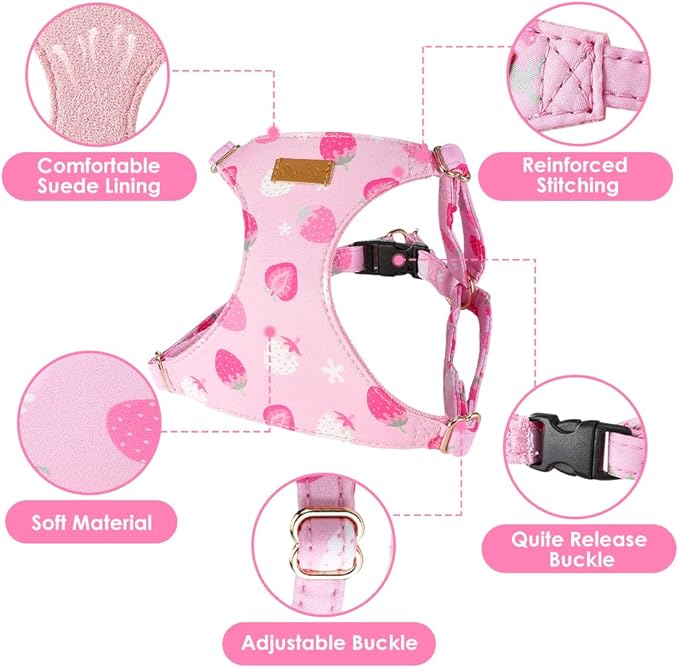 SlowTon No Pull Dog Harness with Leash - Soft Lightweight Floral Pattern Puppy Harness, Adjustable Pet Harness for Small Medium Dogs (Pink Strawberry, XS)