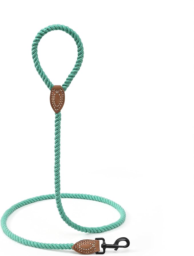 Mile High Life Dog Leash, Braided Cotton Rope Leashes with Leather Tailor Tip with Leather Tip - Heavy Duty Metal Clasp, 4FT, 1/2" Thick - Wedding, Walking Leash for Medium Large Dogs(Green)