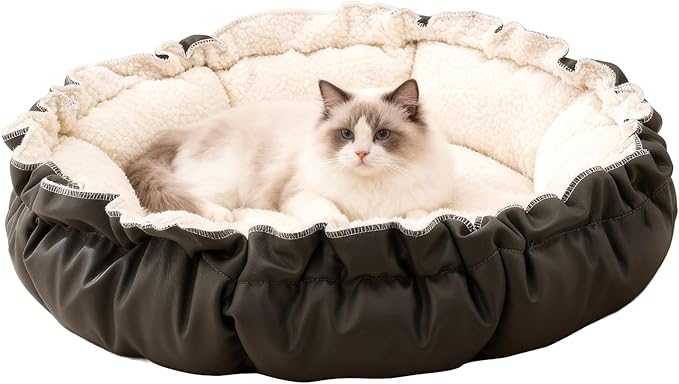 Cat Bed for Indoor Cats, 24.8 Inch Adjustable Small Dog Beds for Puppy & Kitty, Round Kitten Bed with Drawstring, Extra Soft & Machine Washable