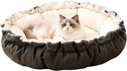 Cat Bed for Indoor Cats, 24.8 Inch Adjustable Small Dog Beds for Puppy & Kitty, Round Kitten Bed with Drawstring, Extra Soft & Machine Washable