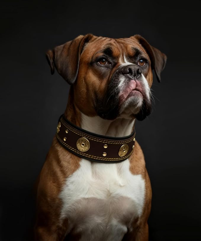 Leather Dog Collar, 2 inches Wide Heavy Duty Genuine Leather Collars, Handmade, Soft, and Luxury, Eye-catching Best Choice for Large and Medium Breed Dogs Brown-Gold, 21-25 inches