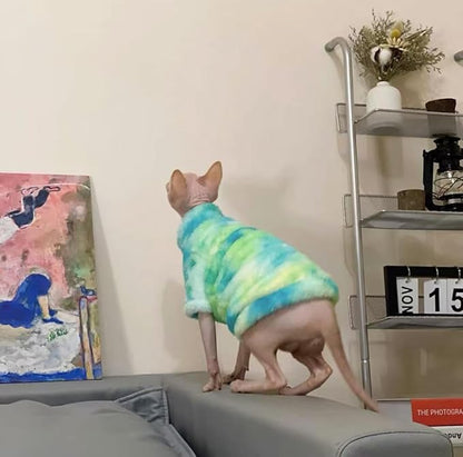Sphynx Cat Warm Turtleneck Sweater, Thick Soft Double-Sided Fleece Clothes for Cats, Two-Legged Winter Onesie for Cats and Small Dogs,Pjs for Cats and Puppy (Green Tie-dye, L (5-6.5lbs))