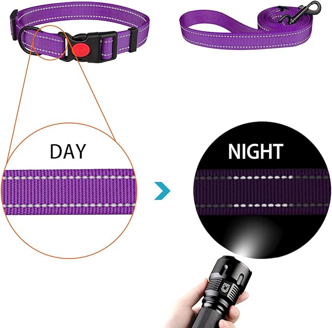 Reflective Dog Collar and Leash Set with Safety Locking Buckle Nylon Pet Collars Adjustable for Small Medium Large Dogs 4 Sizes(Purple&L)