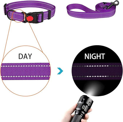 Reflective Dog Collar and Leash Set with Safety Locking Buckle Nylon Pet Collars Adjustable for Small Medium Large Dogs 4 Sizes(Purple&L)