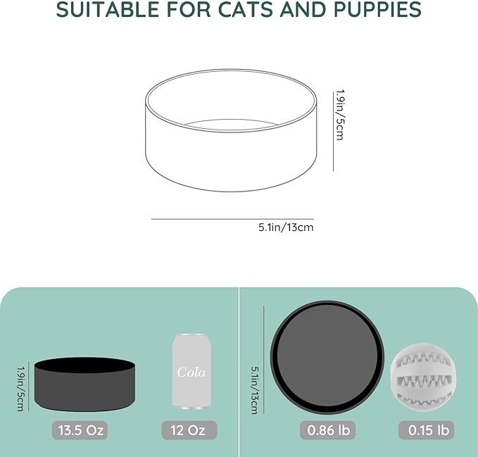 SPUNKYJUNKY 13.5OZ Ceramic Dog and Cat Bowl, Modern Cute Weighted Food Water Bowl for Replacement Black (1 Pack)