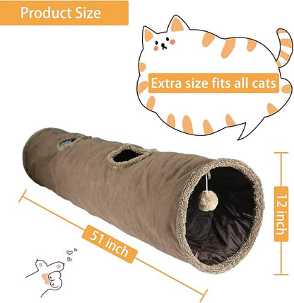 Terunat Cat Tunnel for Indoor Cats, 51×12 inch Foldable Big Cat Tunnel, Brown Suede Pet Tunnels with Two Peepholes and a Bubble Ball