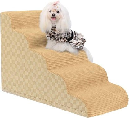 Dog Curved Stairs for High Beds 22" H, 5-Step Pet Stairs for Small Dogs with High Density Foam, Dog Slope Stairs with Durable Non-Slip Bottom Khaki