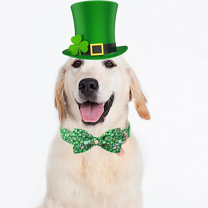 St. Patrick's Day Dog Collar with Bow Tie, Cotton St. Patrick's Day Bowtie Collar for Girl Boy Dog, Lucky Shamrock Dogs Collars with Metal Buckle, Spring, L, Neck 16-24in