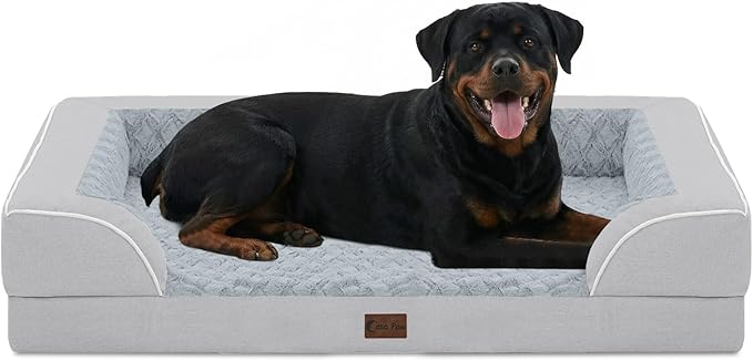Casa Paw Orthopedic Dog Beds for Extra Large Sized Dogs, Waterproof Memory Foam XL Pet Bed with Sides 48x30Inch, Non-Slip and Egg-Crate Foam Big Dog Couch Bed with Removable Washable Cover, Light Grey