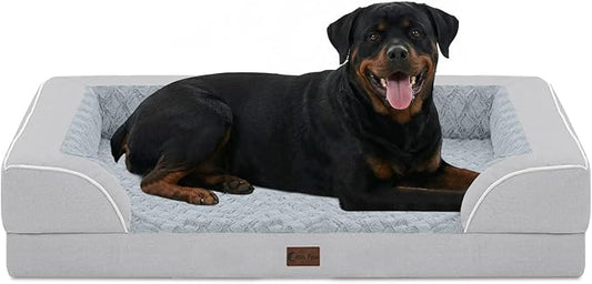 Casa Paw Orthopedic Dog Beds for Extra Large Sized Dogs, Waterproof Memory Foam XL Pet Bed with Sides 48x30Inch, Non-Slip and Egg-Crate Foam Big Dog Couch Bed with Removable Washable Cover, Light Grey