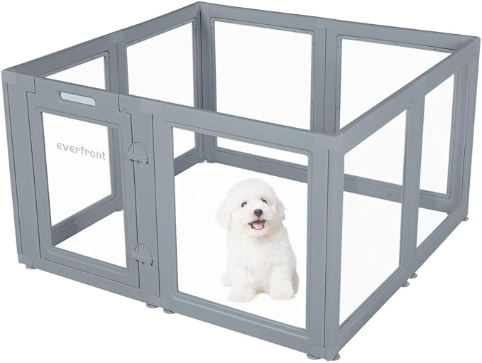 Everfront Clear Dog Play Pen - Easy Assemble Durable Plastic Acrylic Dog Playpen - Dog Playpen Indoor, Puppy Playpen, Cat Playpen, Small Animal Playpen, Dog Play Pen Indoors (Grey, 23.6" H, 8PCS)