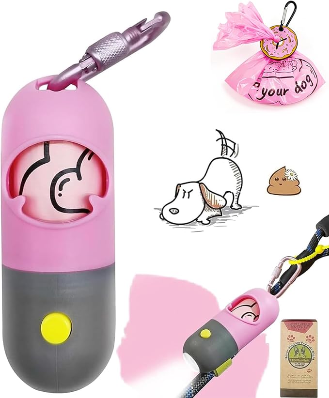 Dog Poop Bag Holder Dispenser with LED Flashlight - Night Visibility for Safe Evening Walks | Upgraded Hands-Free Leash Clip | Includes 15 Dog Waste Bags (Pink)