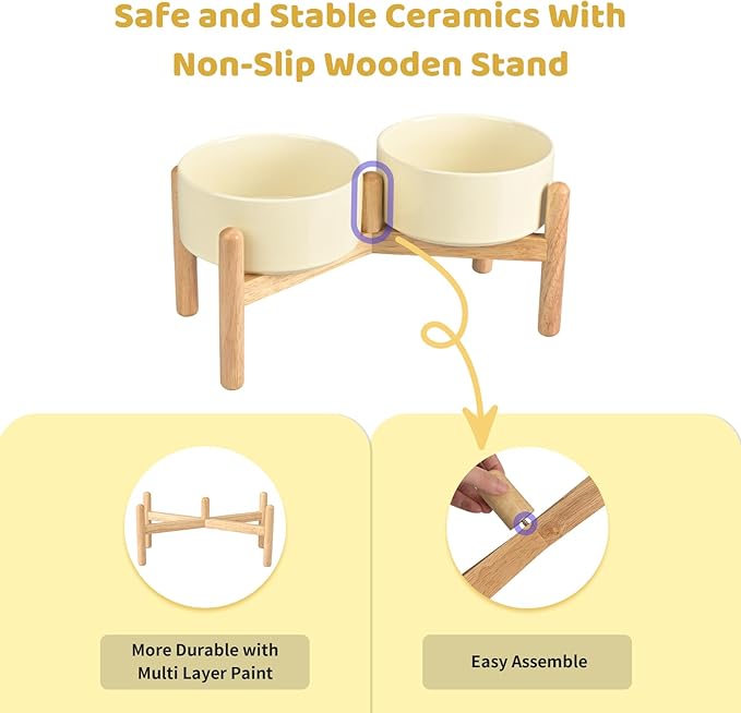 SPUNKYJUNKY Ceramics Raised Dog Bowl with Wooden Stand - Double 28.7OZ Cream White Bowls for Small Medium Dogs