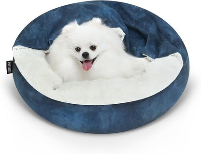 Cozy Soft Dog Bed with Hooded Blanket Warm Calming Cat Cave for Small Medium Dogs and Cats, Non-Slip Bottom & Machine Washable Pet Beds, Navy Blue 26x26x7″