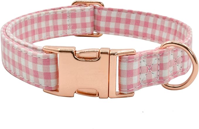 Metal Buckle Dog Collar, Durable Adjustable Dog Collar Soft for Small Medium Large Dogs (Pink Plaid, L(15-23in)