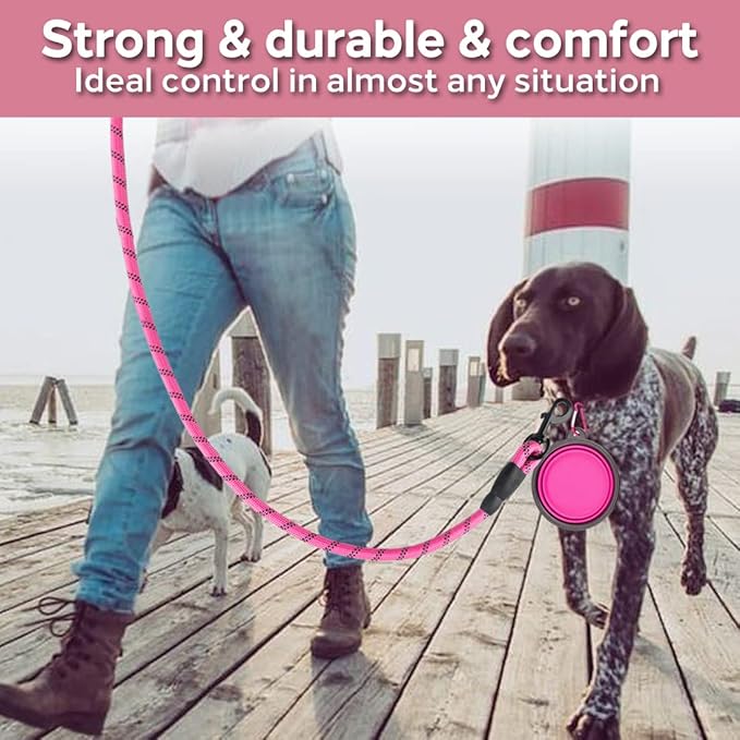 COOYOO 2 Pack Dog Leash 6 FT Heavy Duty - Comfortable Padded Handle - Reflective Dog Leash for Medium Large Dogs with Collapsible Pet Bowl Set 1-Black+Pink