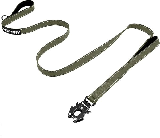 Strong Heavy Duty Dog Leash - 5ft Reflective Nylon Training Leash with Soft Padded Double Handle & Auto Lock Frog Clip - Safety Traffic Control for Large Medium Small Dogs No Pull Walk Army Green,6ft