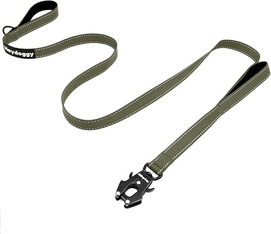 Strong Heavy Duty Dog Leash - 5ft Reflective Nylon Training Leash with Soft Padded Double Handle & Auto Lock Frog Clip - Safety Traffic Control for Large Medium Small Dogs No Pull Walk Army Green,6ft
