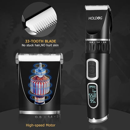 HOLDOG Dog Clippers Professional Heavy Duty Dog Grooming Clipper 3-Speed Low Noise High Power Rechargeable Cordless Pet Grooming Tools for Small & Large Dogs Cats Pets with Thick & Heavy Coats