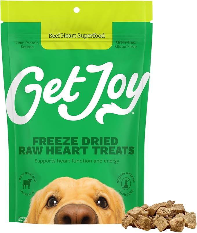 Get Joy Freeze Dried 100% Beef Heart Dog Treats, 4oz | Single Ingredient Organ Meat, High Protein Raw Dog Food Topper, Snack & Training Rewards | Grain Free, Gluten Free, Filler Free