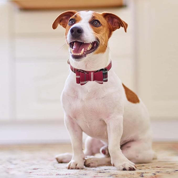 KOOLTAIL Small Dog Collar and Leash Set with Bowtie and Bells - Cute Puppy Bandana Collar and Leash for Female with Classic Plaid Pattern,Soft Leather Tangle Free Leashes for Small Dogs Boys Girls,Red