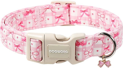 DOGWONG Pink Plaid Dog Collar-Cute Pink Bowtie Print Dog Collar, Adjustable Cotton Girl Female Pet Collar with Quick Release Buckle,L