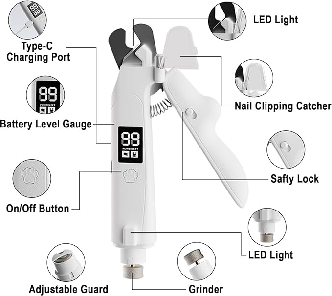 2-in-1 Dog Nail Clippers & Cat Nail Trimmers for Small Medium Large Pets Claw, 2 LED Lights and Battery Indicator, Ultra-Quiet Grinder for Puppy and Kitten, USB-C, Nail Clipping Catcher
