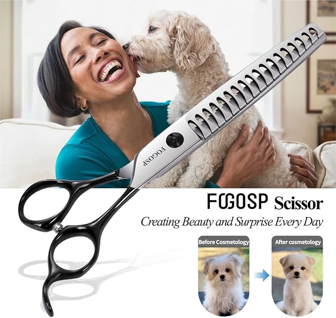 FOGOSP Dog Thinning Shears for Grooming 6.75" Chunker Shears Quickly Thinning Thick Hair Professional Dog Grooming Scissors for Small Dogs Right Handed Groomer Japan 440C 18 Teeth (Chunker, Black)