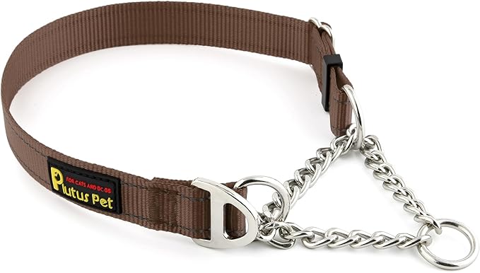 Plutus Pet Martingale Dog Collar with Stainless Steel Chain and Reflective Nylon, Adjustable No Pull Training Collar, for Small Medium, and Large Dogs, Chocolate, L