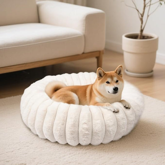 Vhen When Donut Dog and Cat Bed, Luxurious Comfortable Faux Rabbit Fur Pet Beds, Round Anti-Anxiety Calming Puppy Kitten Bed with Anti-Slip Bottom for Small Medium Dogs & Cats(28", White)