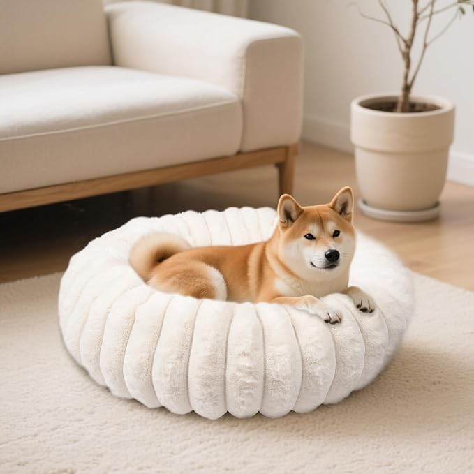 Donut Dog and Cat Bed, Luxurious Comfortable Faux Rabbit Fur Pet Beds, Soft Anti-Anxiety Calming Puppy Kitten Bed with Anti-Slip Bottom for Small Medium Dogs & Cats(23", White)