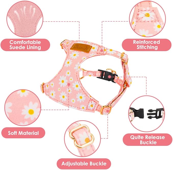 SlowTon No Pull Dog Harness with Leash - Soft Lightweight Floral Pattern Puppy Harness, Adjustable Pet Harnesses for Small Medium Dogs (Pink Daisy XS)