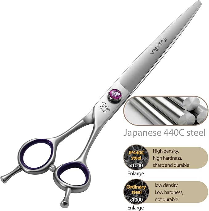 Fenice Peak 7'' Straight Dog Grooming Scissors with Purple Finger Rings and Flashing Screw Professional 440C Stainless Steel Natural Color Pet Trimming Shears with Offset Handle Durable and Sharp