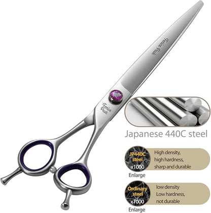 Fenice Peak 7'' Straight Dog Grooming Scissors with Purple Finger Rings and Flashing Screw Professional 440C Stainless Steel Natural Color Pet Trimming Shears with Offset Handle Durable and Sharp